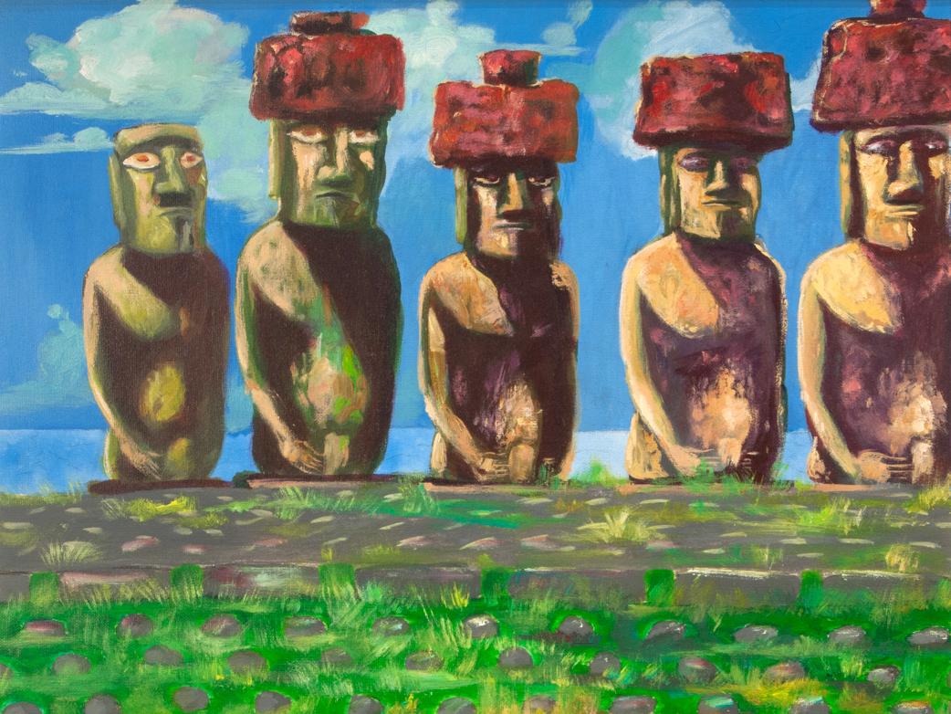 Pintura de un ahu con cinco moai